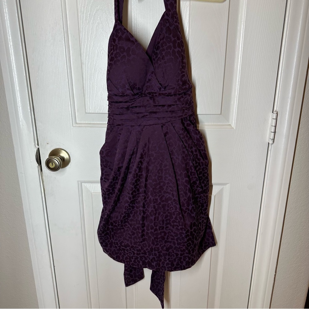 Vintage Y2K Snap Purple Leopard Halter Dress Sz 7 Built in Pads Fun Formal Party